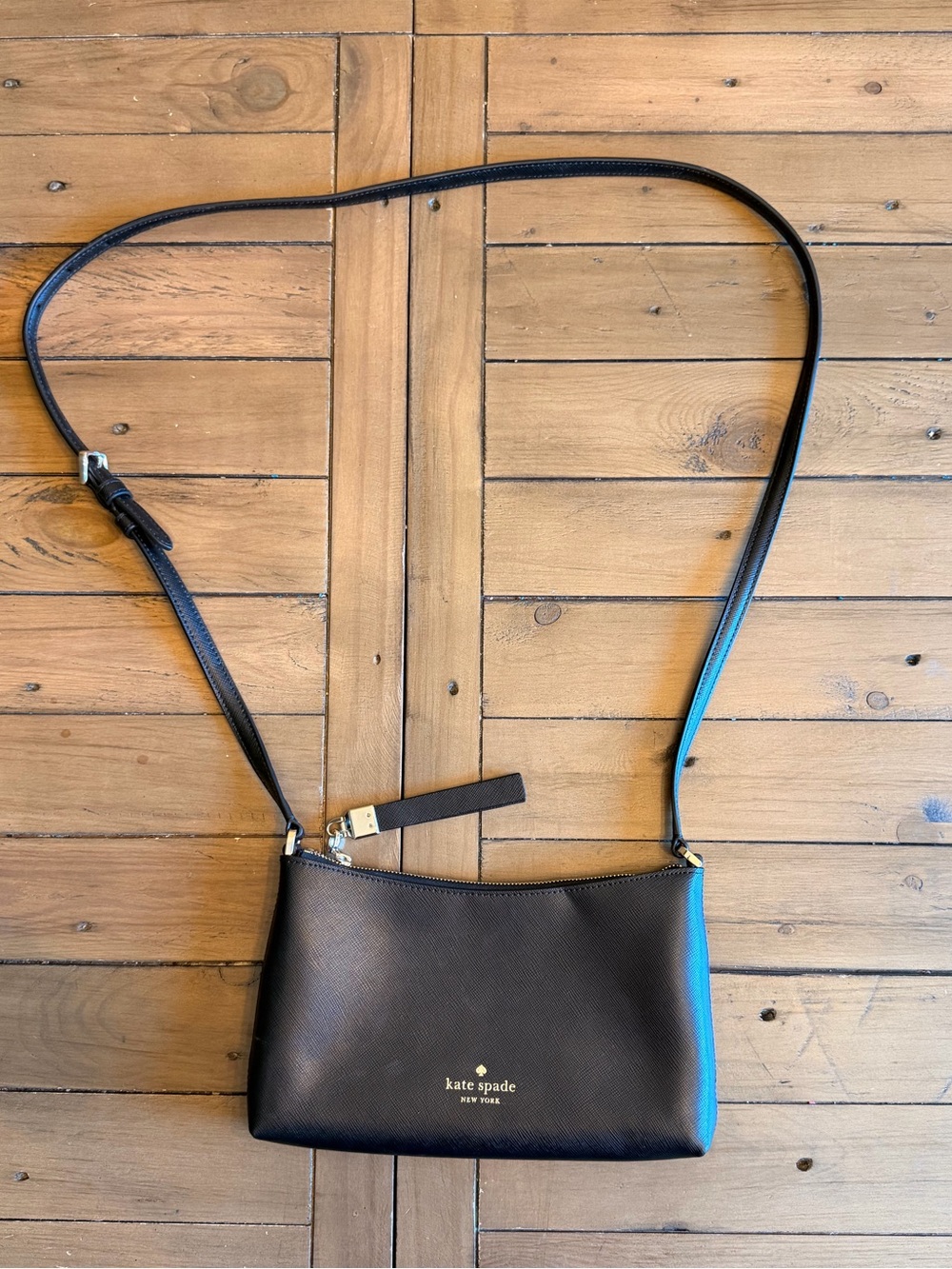 kate spade Black Leather Crossbody with Gold Logo